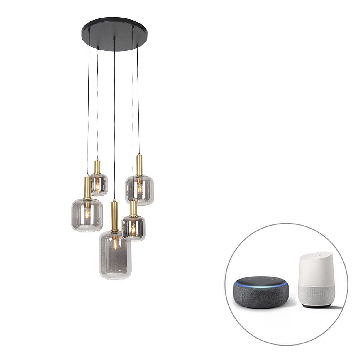 Smart hanglamp zwart met goud met smoke glas incl. 5 Wifi A60 - Zuzanna
