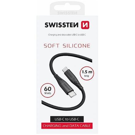 DATOVÝ KABEL SWISSTEN SOFT SILICONE USB-C / USB-C 1,5 M 60W ČERNÝ