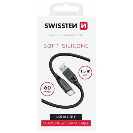 DATOVÝ KABEL SWISSTEN SOFT SILICONE USB/USB-C 1,5 M 60W ČERNÝ