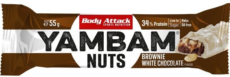 EXP 6/2023 - Body Attack Yambam Nuts 55 g tyčinka s 34% bílkovin a velmi nízkým obsahem cukru
