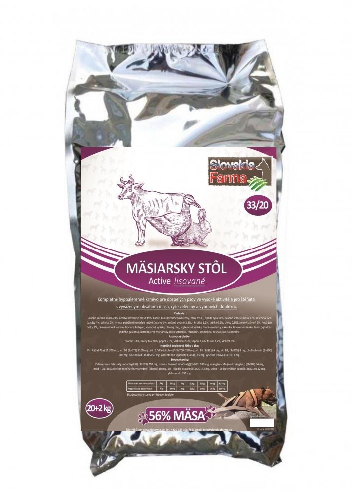 Lisované hypoalergenní Granule Slovakia Farma - Mäsiarsky stôl 33/20 - 20+2 kg