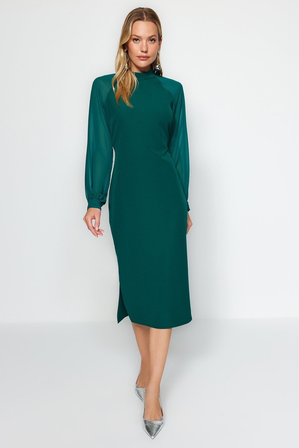 Trendyol Emerald Green Stand-Up Collar Sleeve Detailed Midi Woven Dress