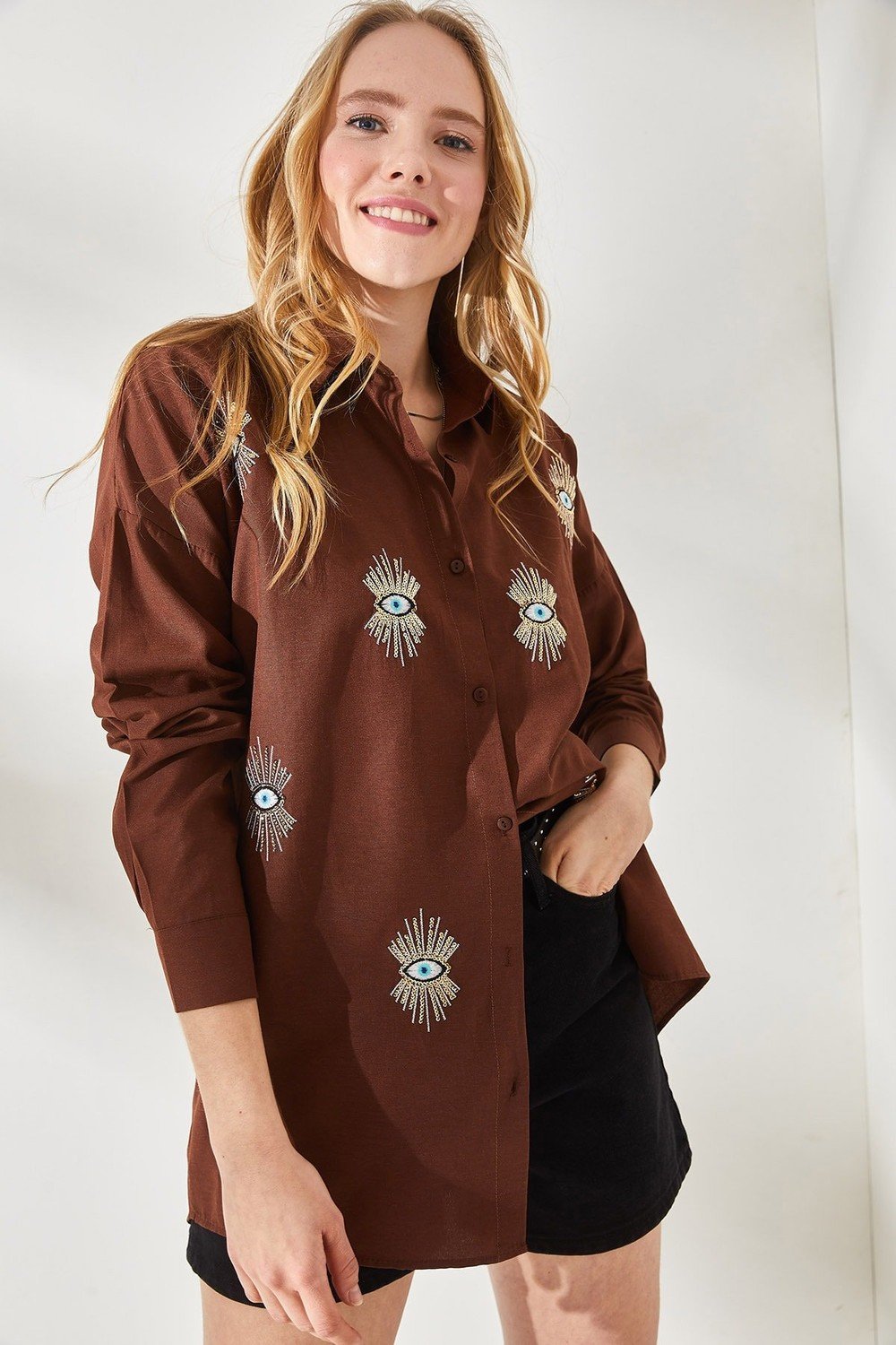 Olalook Women's Bitter Brown Sequin Detailed Woven Boyfriend Shirt