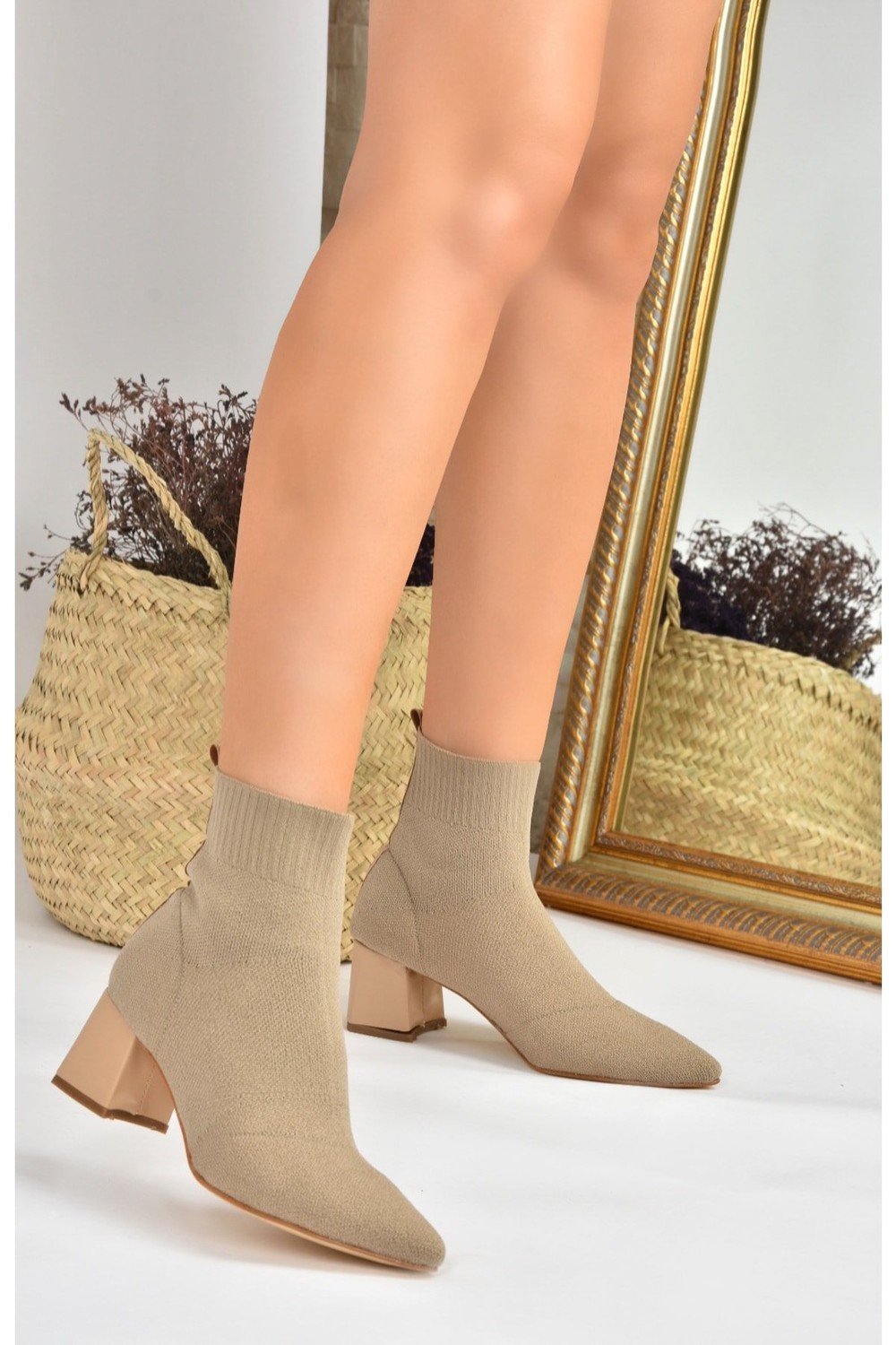 Fox Shoes Mink Sweater Women's Thick Heeled Boots