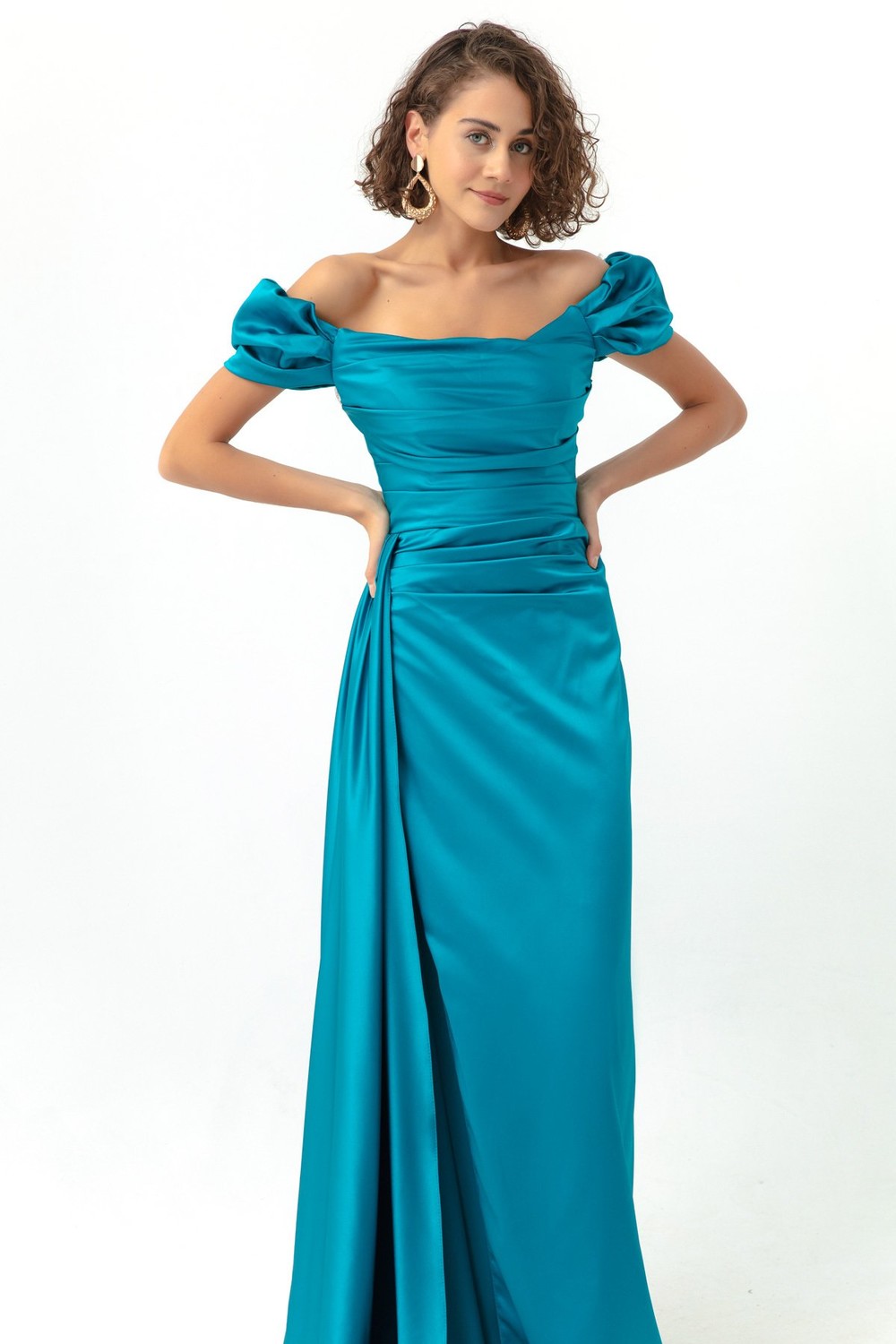 Lafaba Women's Turquoise Boat Collar Train Long Satin Evening Dress & Prom Dress