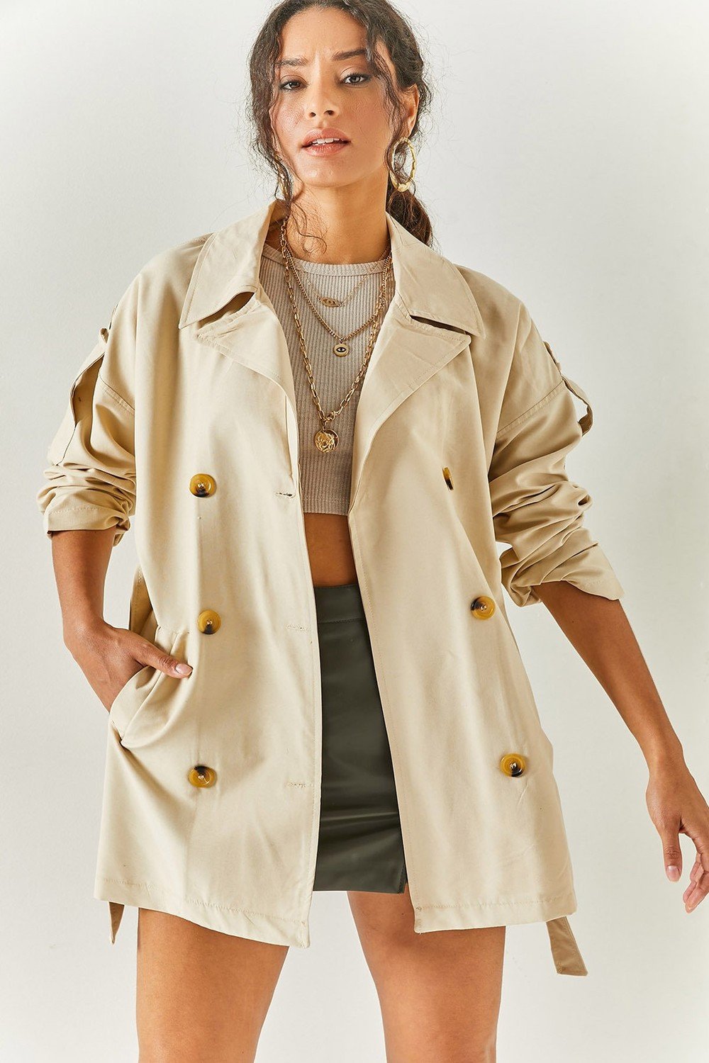 Olalook Women's Beige Belted Short Trench Coat Without Lining