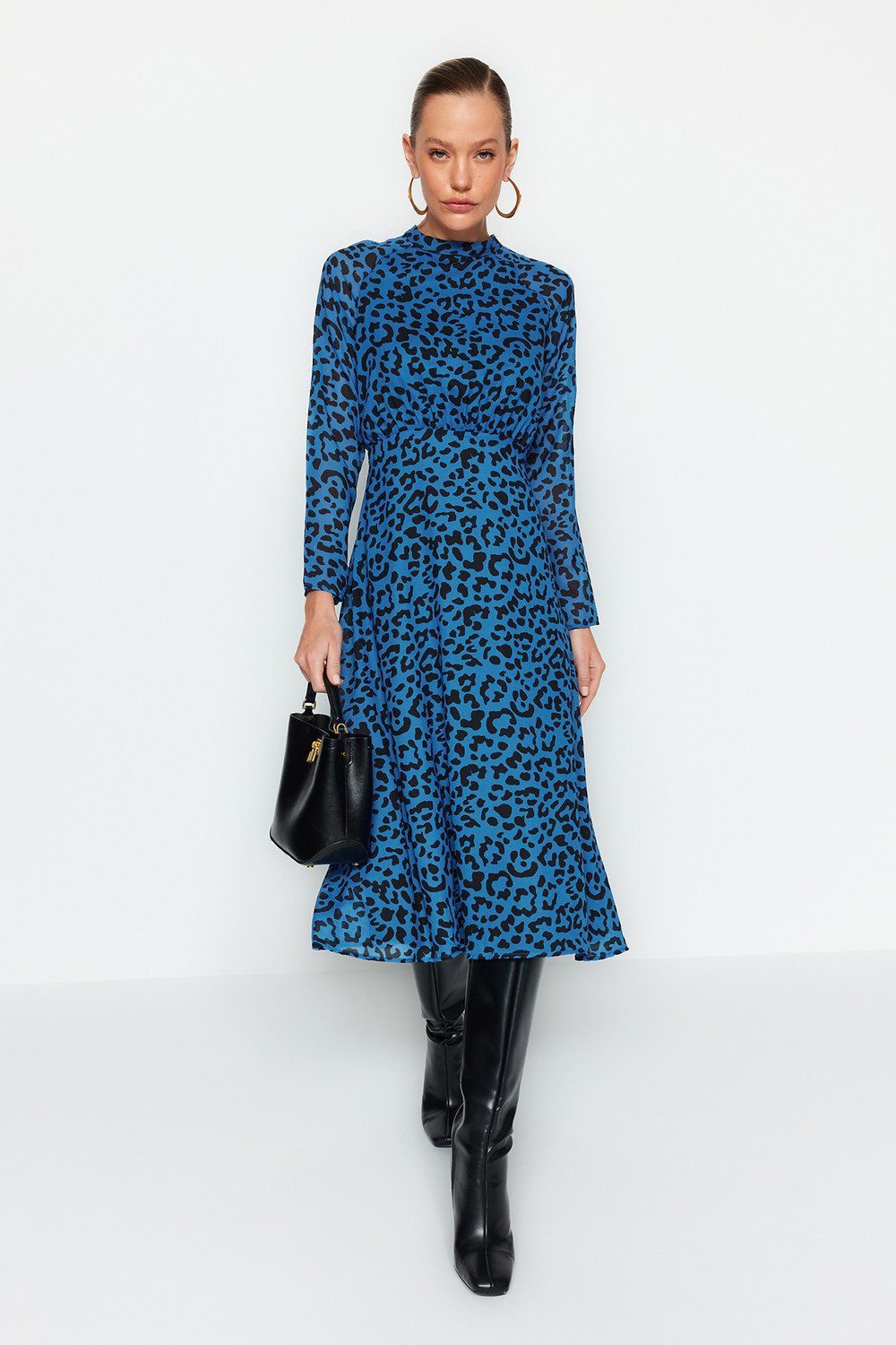 Trendyol Blue Midi Leopard Print Woven Dress
