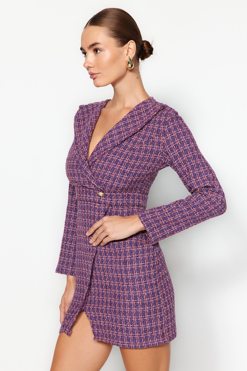 Trendyol Purple Double Breasted Woven Tweed Dress