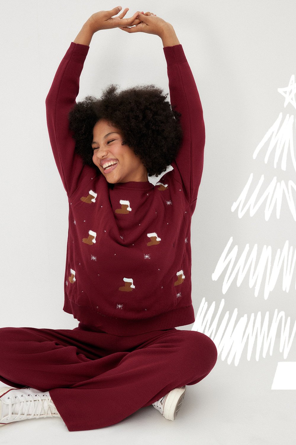 Trendyol Red Christmas Themed Bottom-Top Set with a Soft Textured, Feathered Knitwear