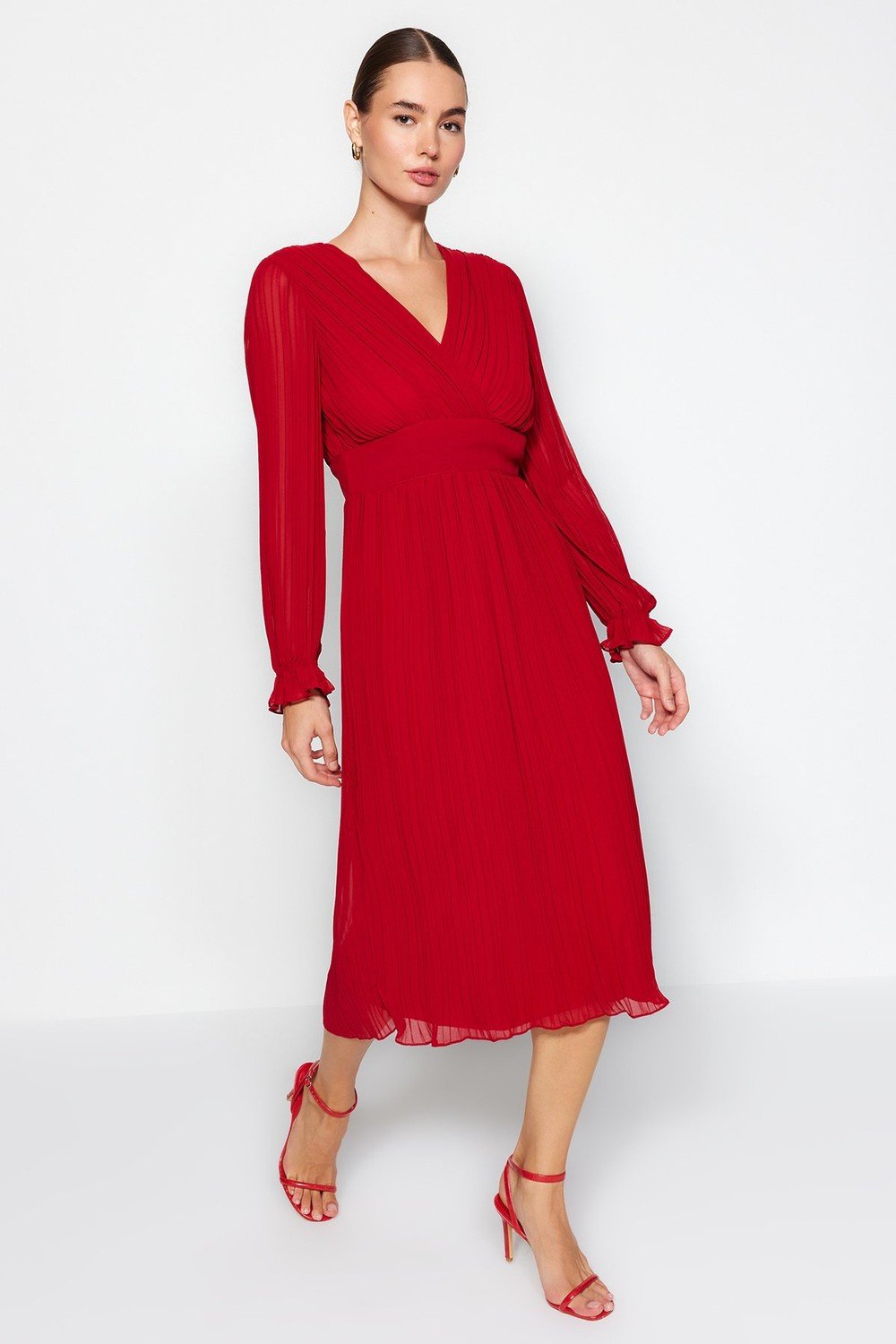 Trendyol Red Pleated Lined Chiffon Woven Dress