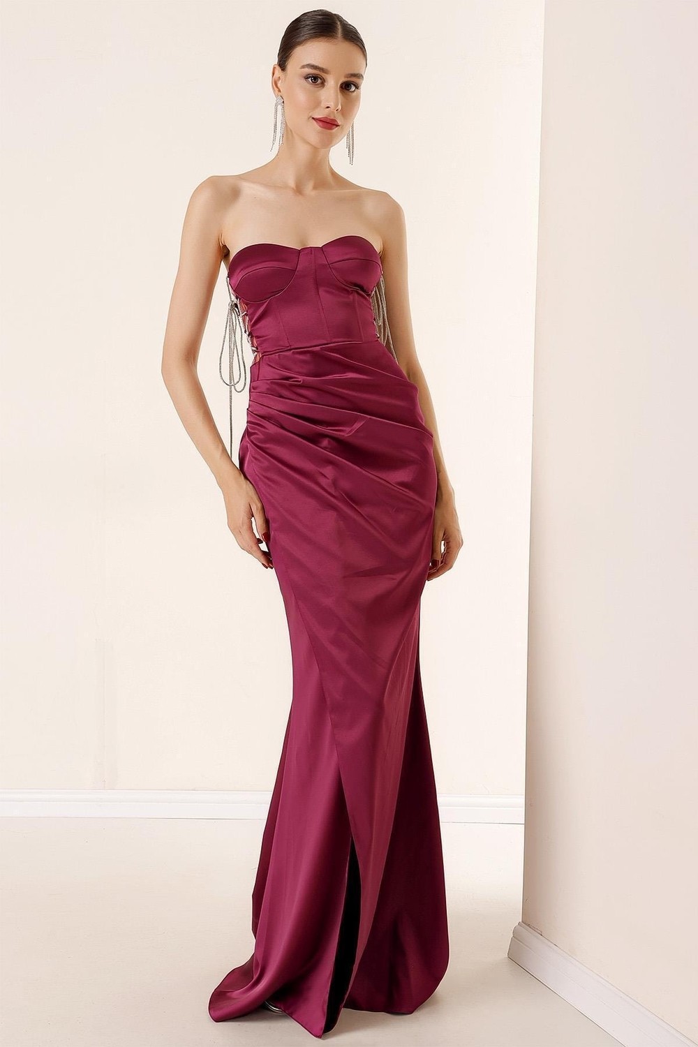 By Saygı Lined Long Chiffon Dress with Shiny Threads and Transparent Drapes Plum