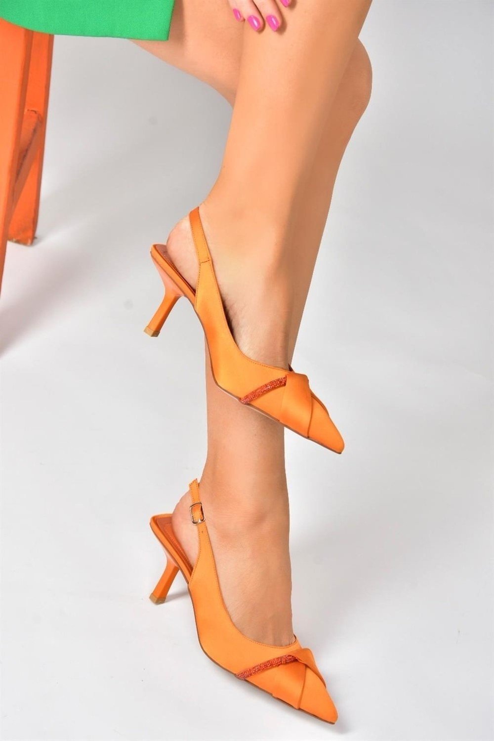 Fox Shoes Orange Satin Fabric Heeled Women's Evening Dress Shoes