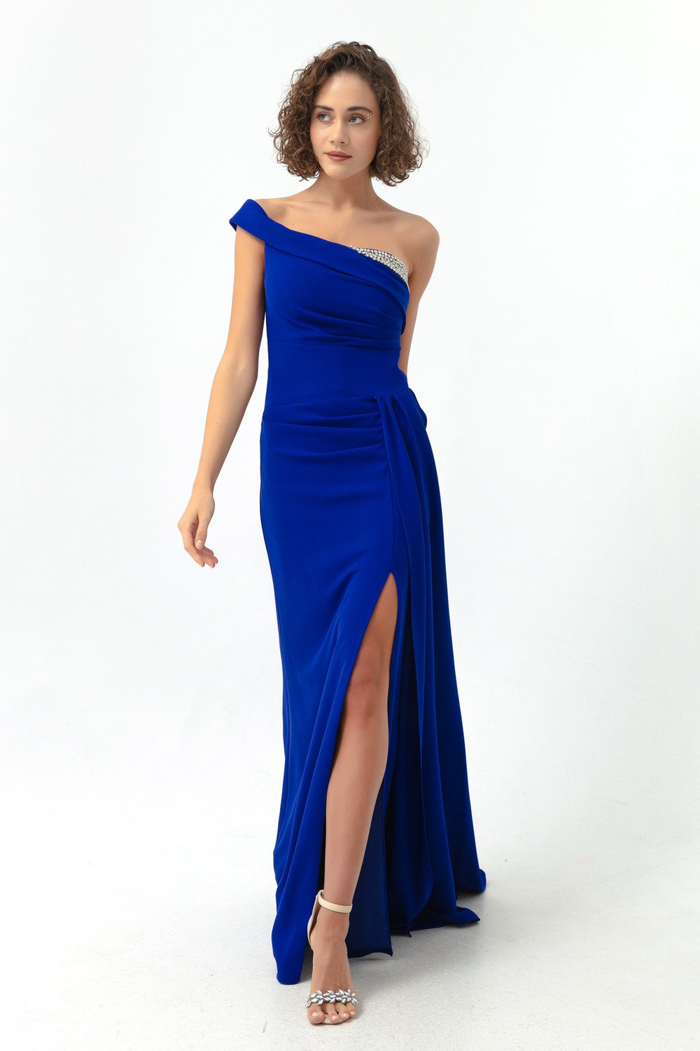 Lafaba Women's Sax One-Shoulder Long Evening Dress with Stones.