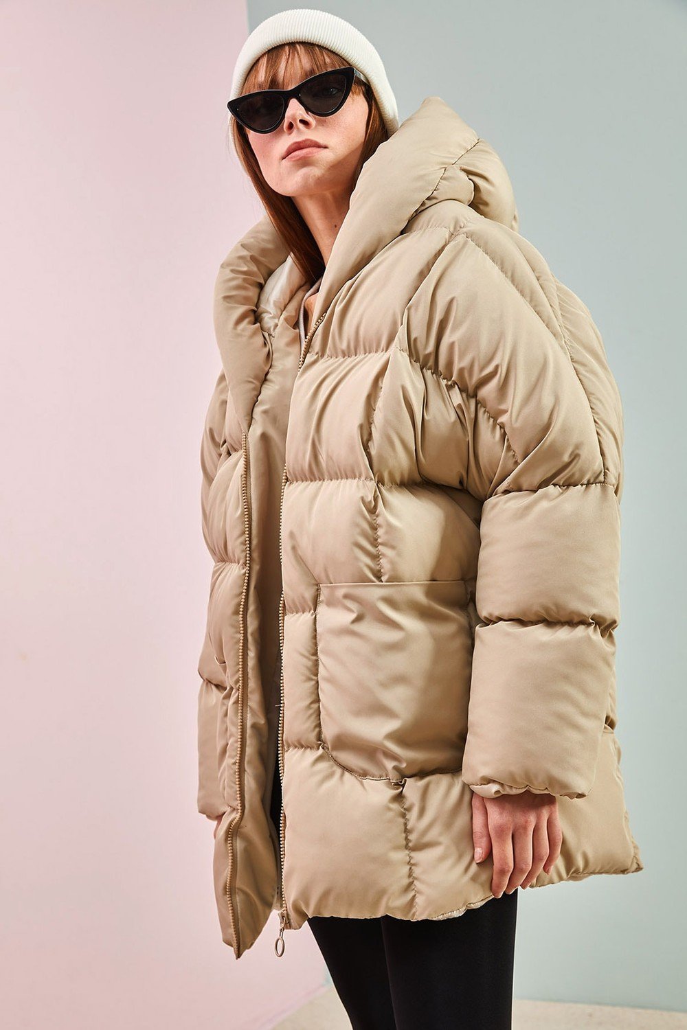Bianco Lucci Women's Beige Oversized Puffy Coat with Large Double Pockets.