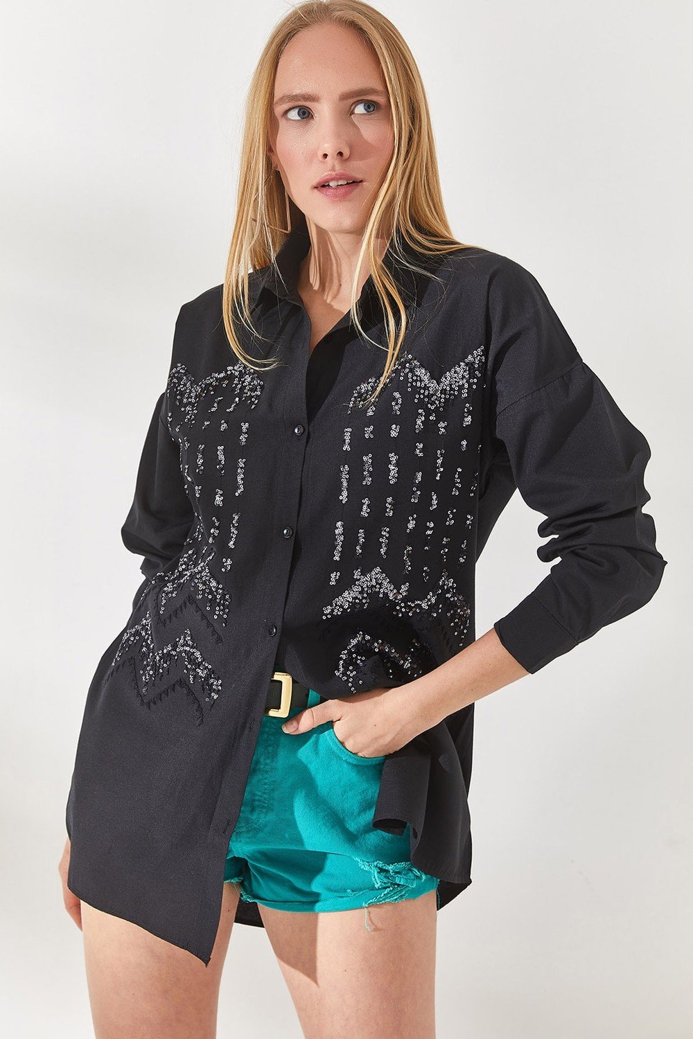 Olalook Women's Geometric Black Sequin Detailed Oversized Shirt
