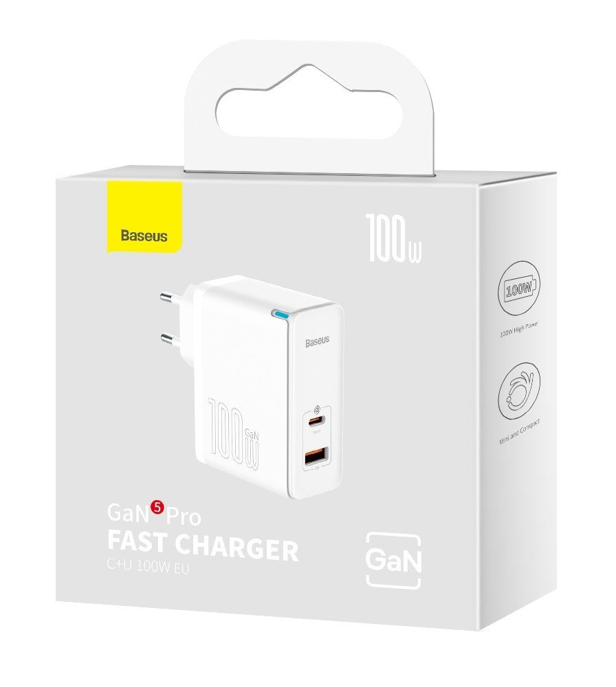 Rychlonabíječka Baseus GaN5 Pro 100W včetně USB-C datového kabelu bílá 107470