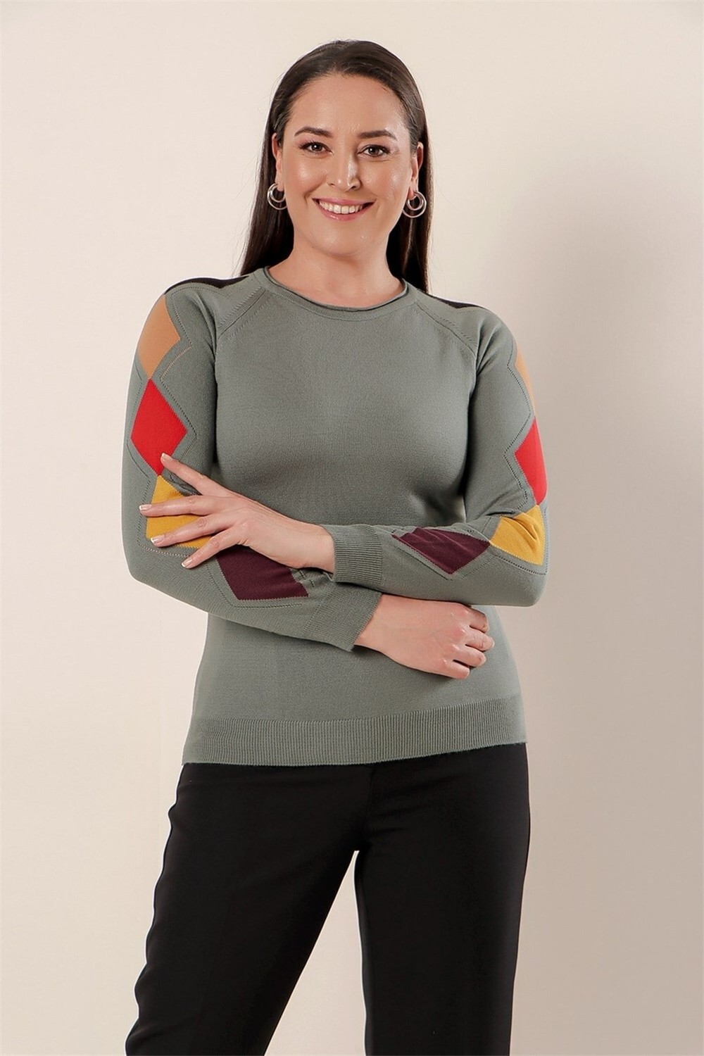 By Saygı Sleeves Arrangement Pattern Front Short Back Long Plus Size Acrylic Sweater Water Green.