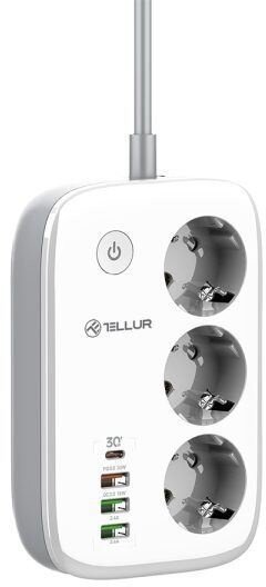 Tellur WiFi Smart Power Strip, 3x zásuvka, 2x USB 2.4A, 1x USB QC18W, 1x USB-C PD30W, 2m, bílá - TR0127
