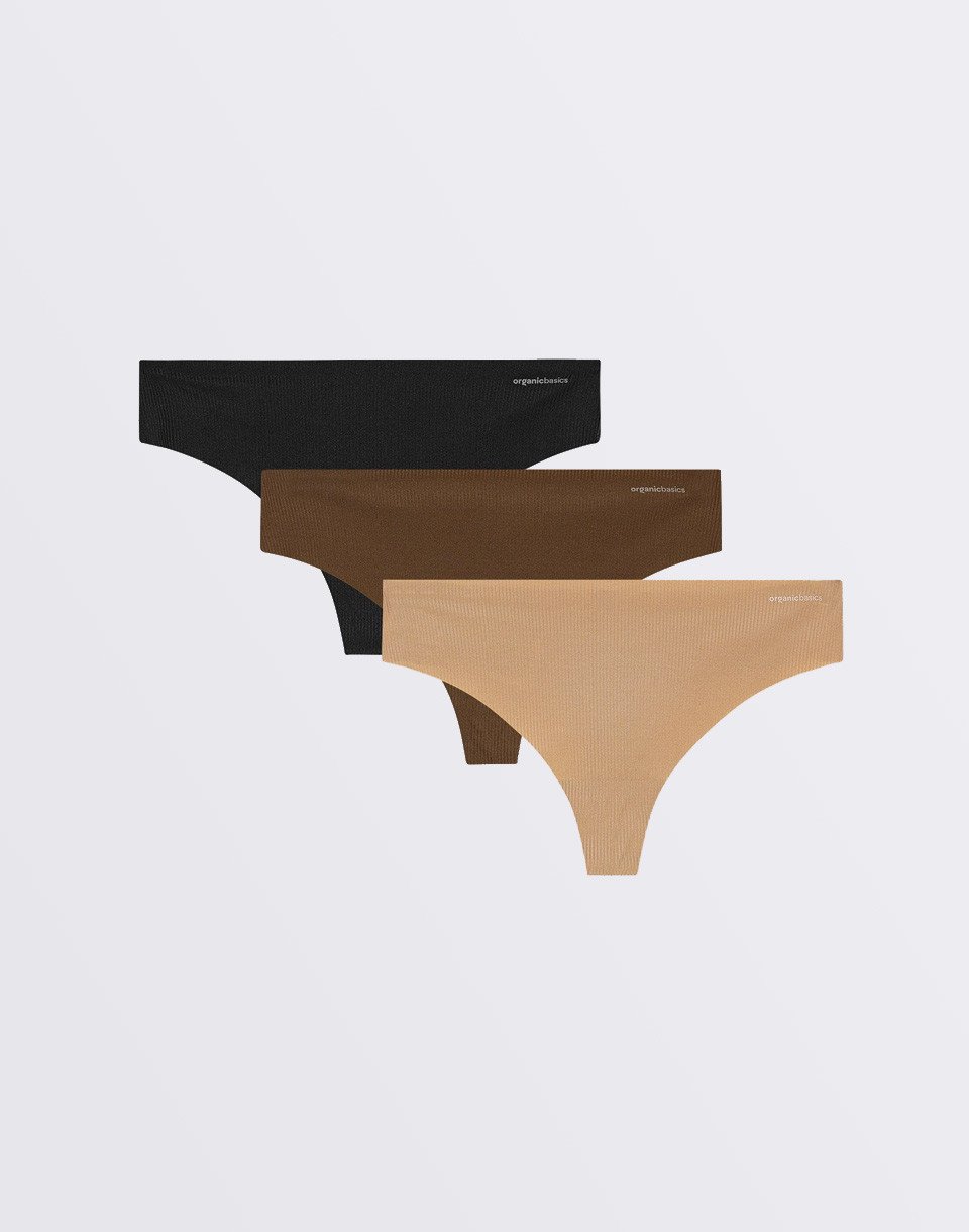 Organic Basics Naked Rib Thong 3-pack Black / Walnut / Hazelnut XS