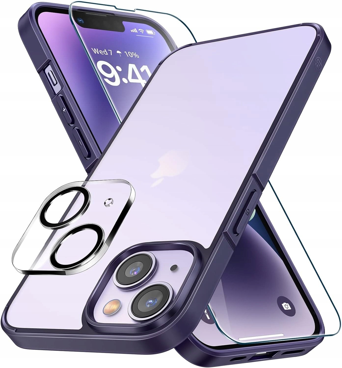 Pouzdro 3v1 pro iPhone 14 Plus/14 Max tvrzené sklo 9H-2 pouzdro matné fialové
