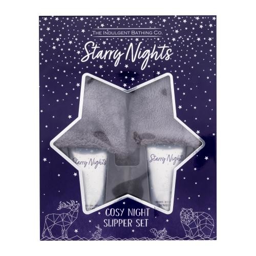 The Indulgent Bathing Co Starry Nights Cosy Night Slipper Set dárková kazeta pro ženy tělové mléko Lavender And Lime Flower Body Lotion 100 ml + sprchový krém Lavender And Lime Flower Shower Cream 100 ml + plyšové pantofle Luxury Fluffy Slippers