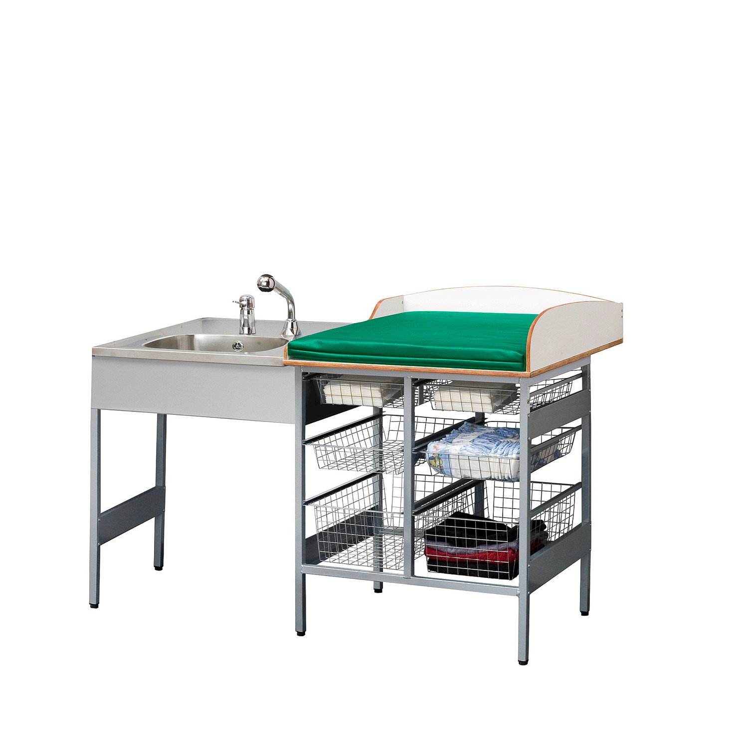 Přebalovací pult NEIL, 6 drátěných košů, 1400 mm, s umyvadlem vlevo