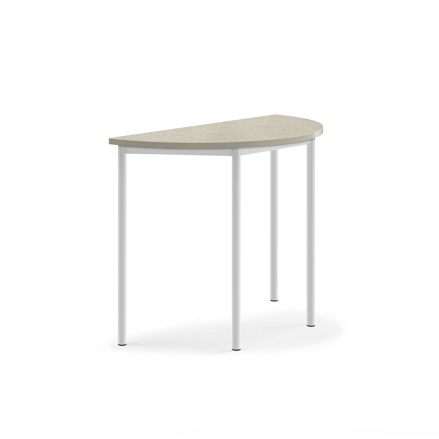 Stůl SONITUS, půlkruh, 1200x600x900 mm, bílé nohy, deska s linoleem, šedá