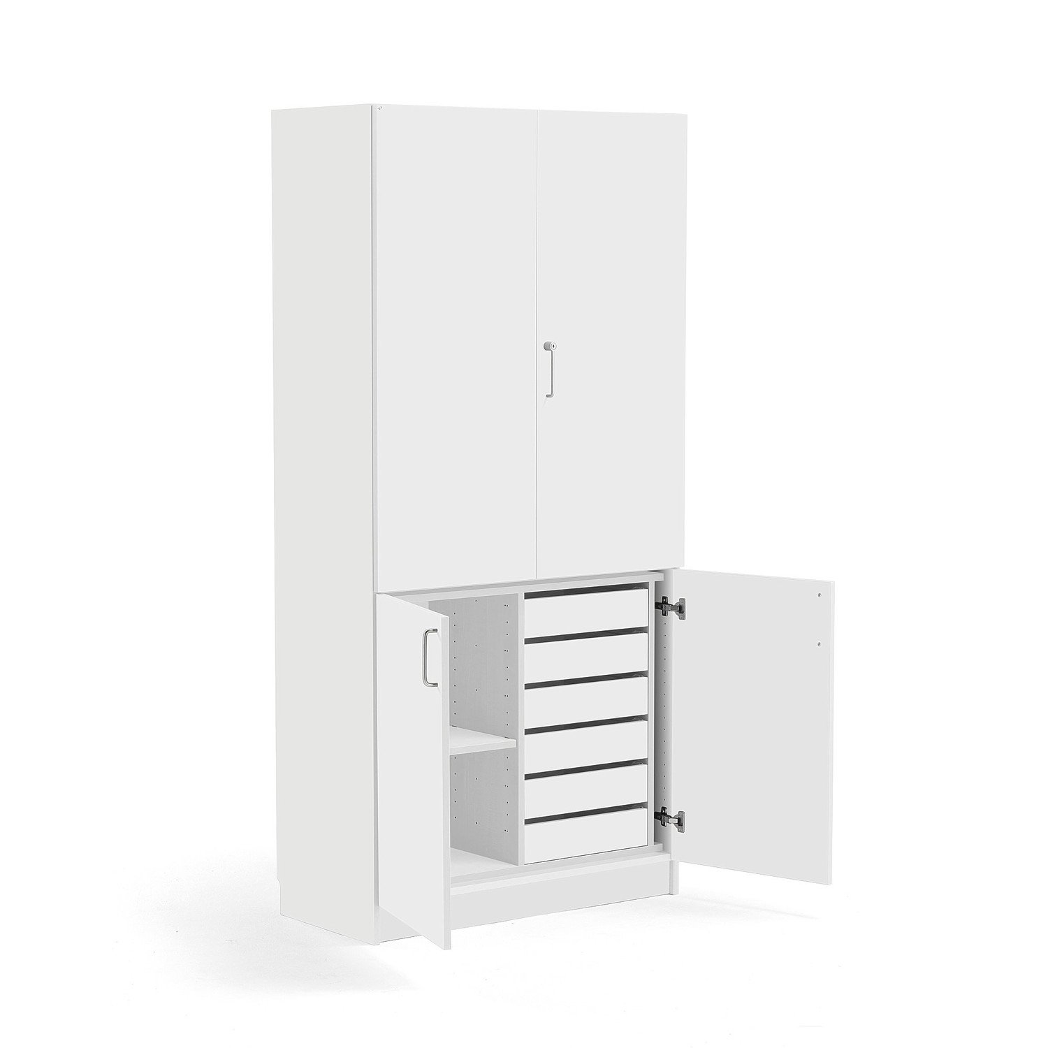 Skříň THEO, police, 6 zásuvek, 2100x1000x470 mm, bílá