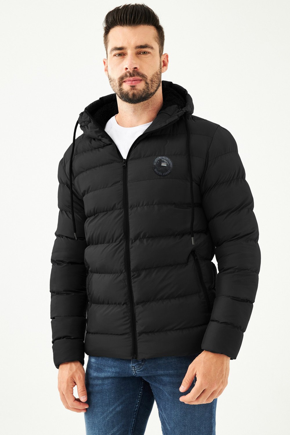 D1fference Men's Black Fleece Waterproof And Windproof Hooded Sports Winter Puffy Coat.