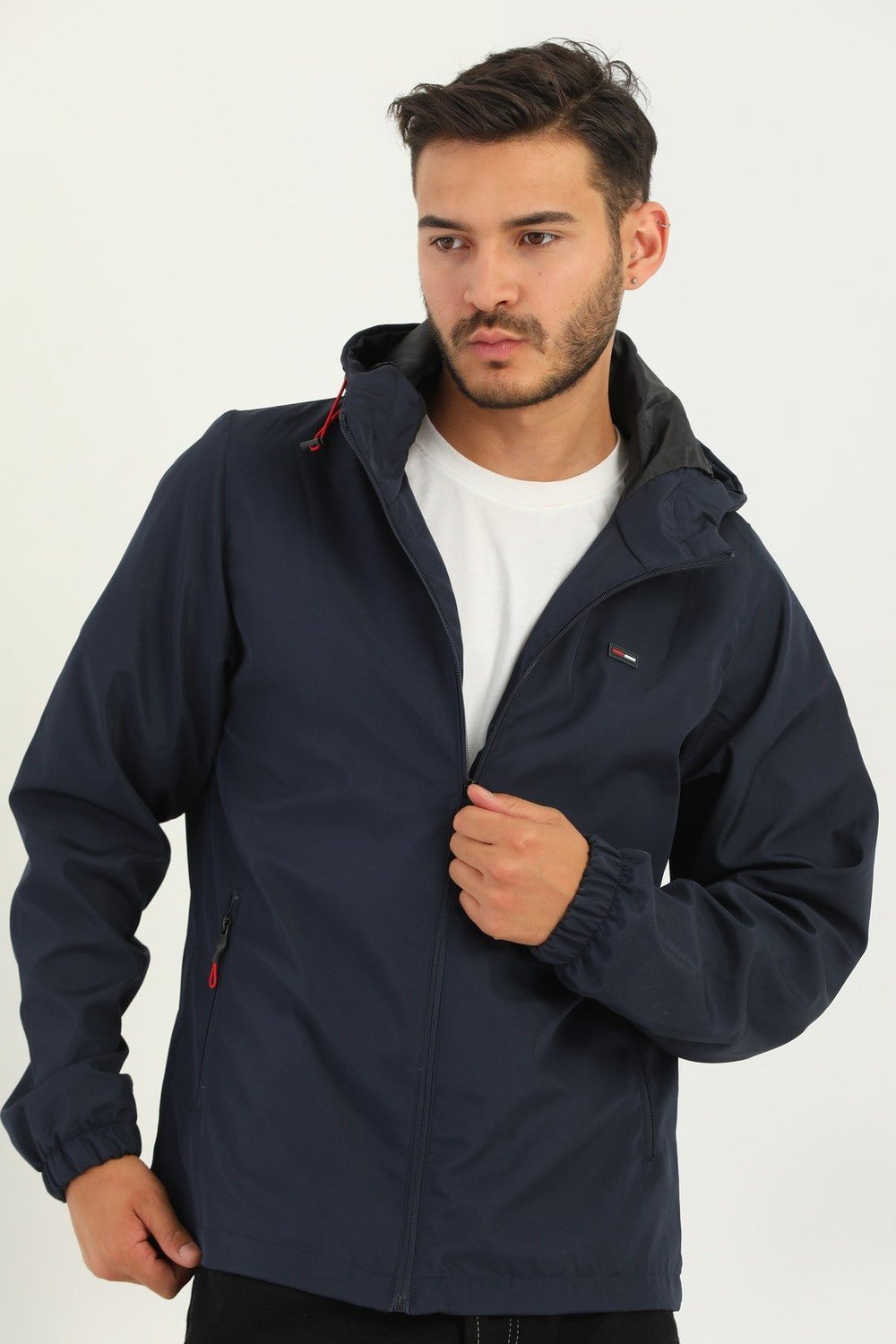 D1fference Men's Navy Blue Inner Lined Water And Windproof Hooded Sports Raincoat With Pocket.