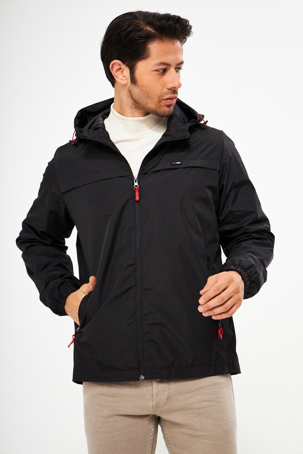 D1fference Men's Black Waterproof Hooded Raincoat with Pocket. Inner Lined.