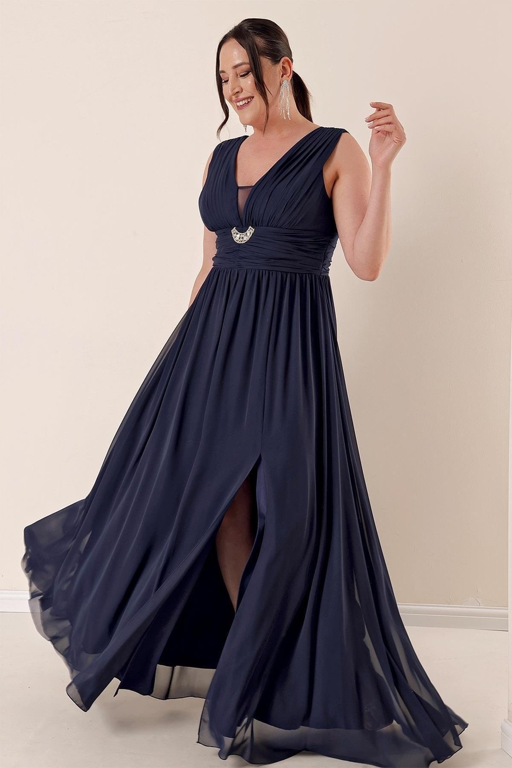 By Saygı Front Back V-Neck Stone Detailed Waist Draped Lined Plus Size Chiffon Long Dress with a Front Slit Navy Blue.