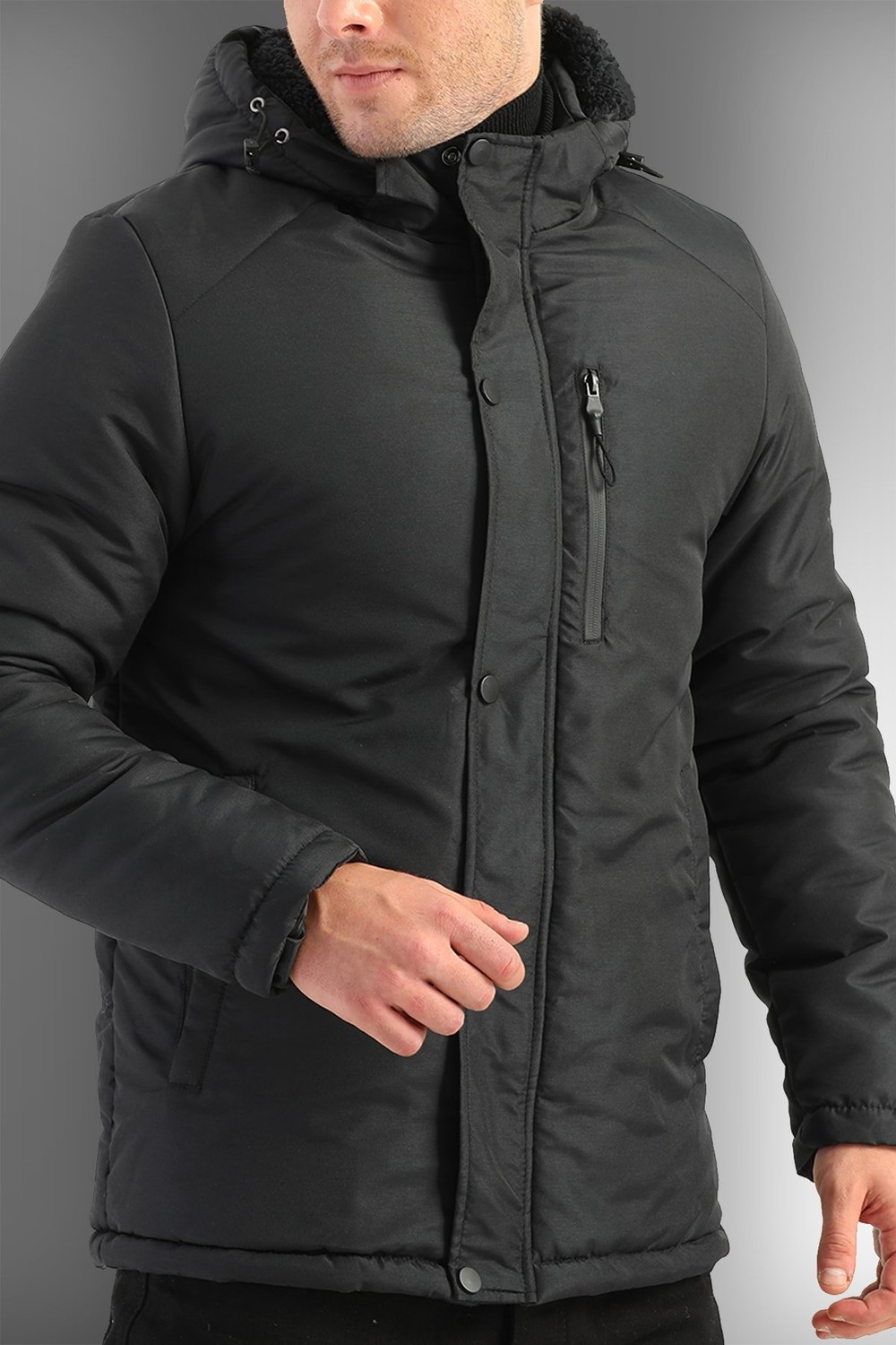 D1fference Men's Black Fleece Quilted Hooded Water And Windproof Sports Winter Coat & Parka.