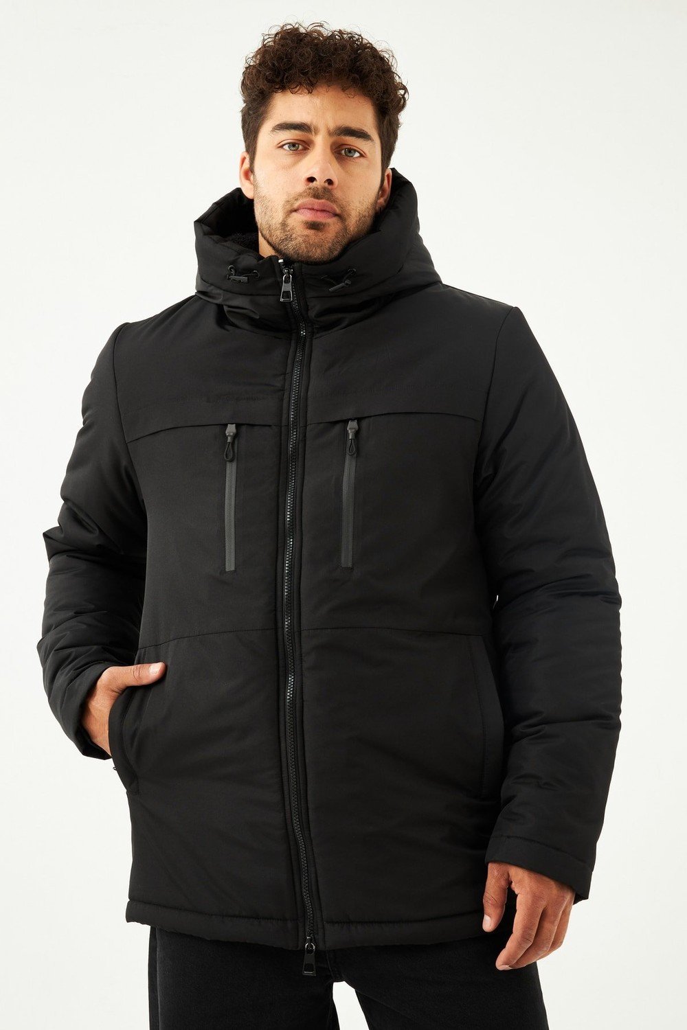 D1fference Men's Black Shearling Inner Waterproof And Windproof With Hooded Winter Sports Jacket & Coat & Parka.