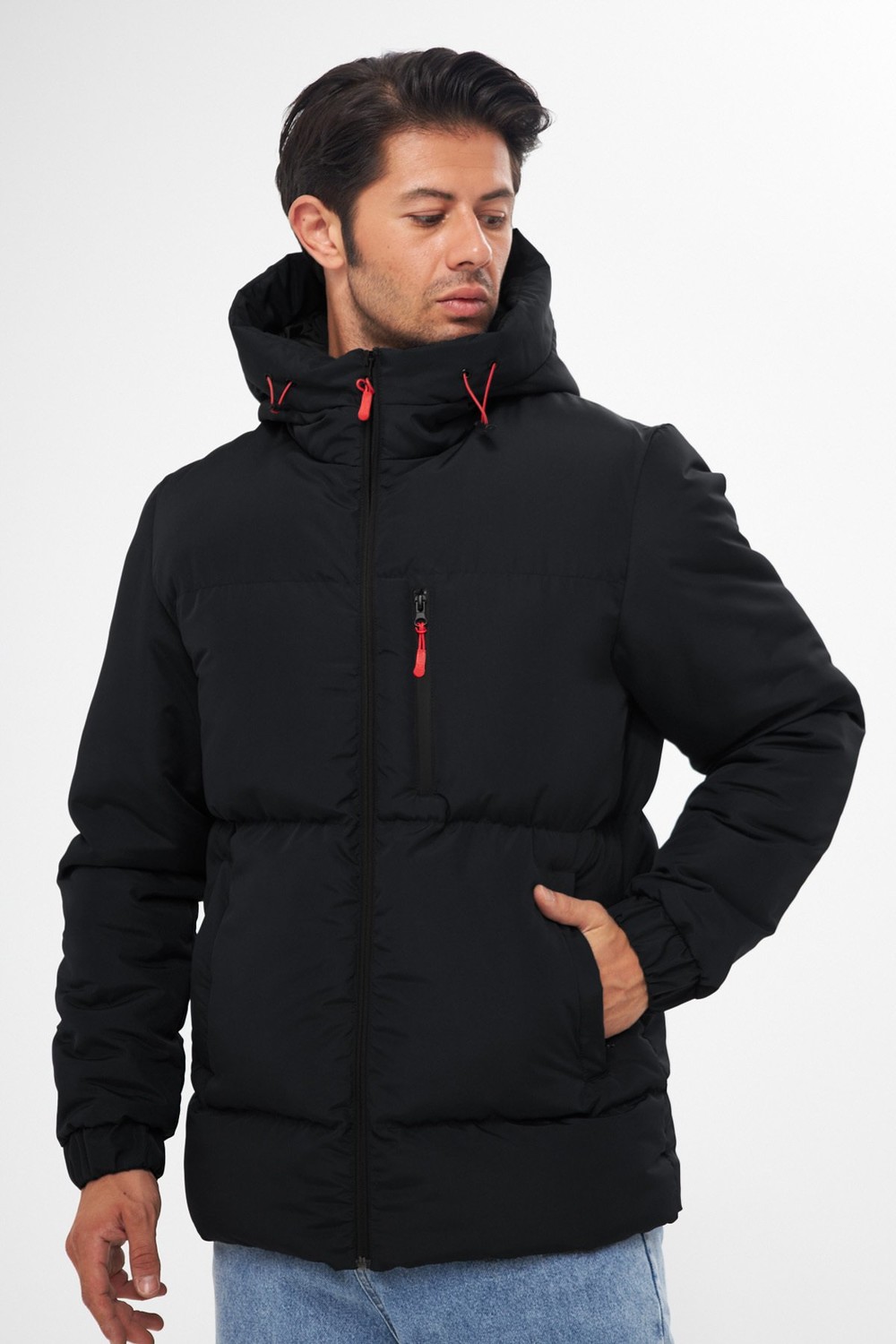 D1fference Men's Black Thick Lined Inflatable Winter Coat with a Hooded Waterproof and Windproof.