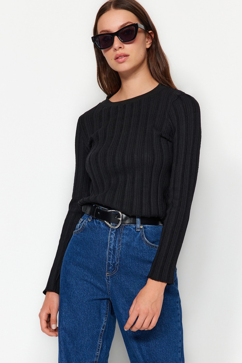 Trendyol Black Transparent Textured Fabric Regular Fit Crewneck Blouse