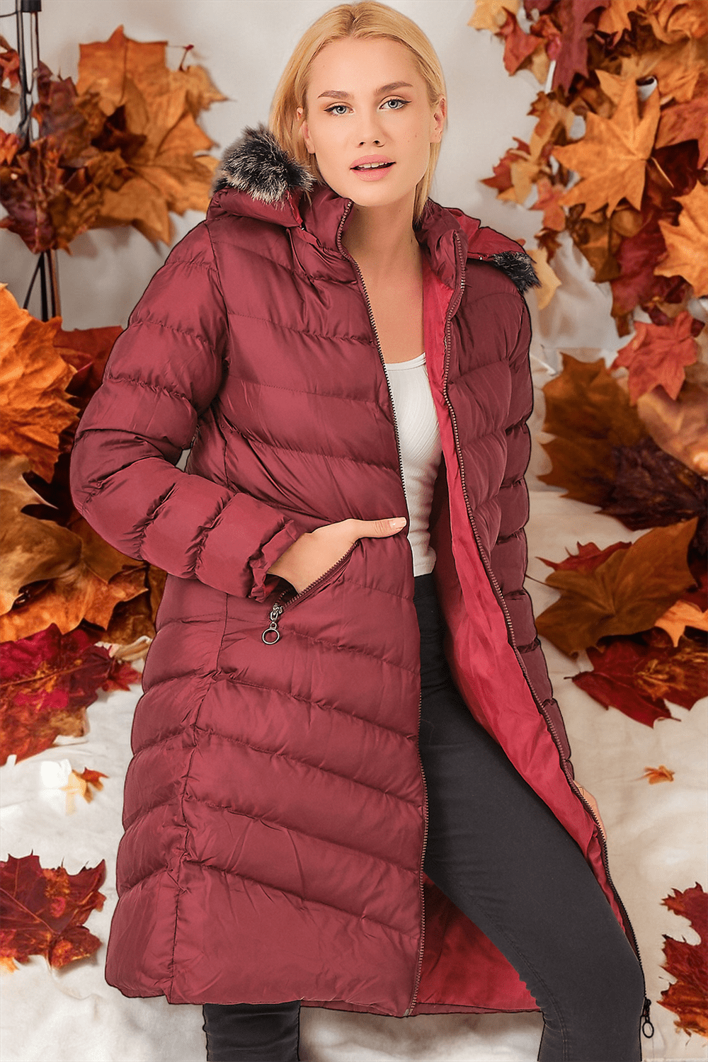 Z6690 DEWBERRY FUR HOODED LADIES' COAT-PLAIN BURGUNDY
