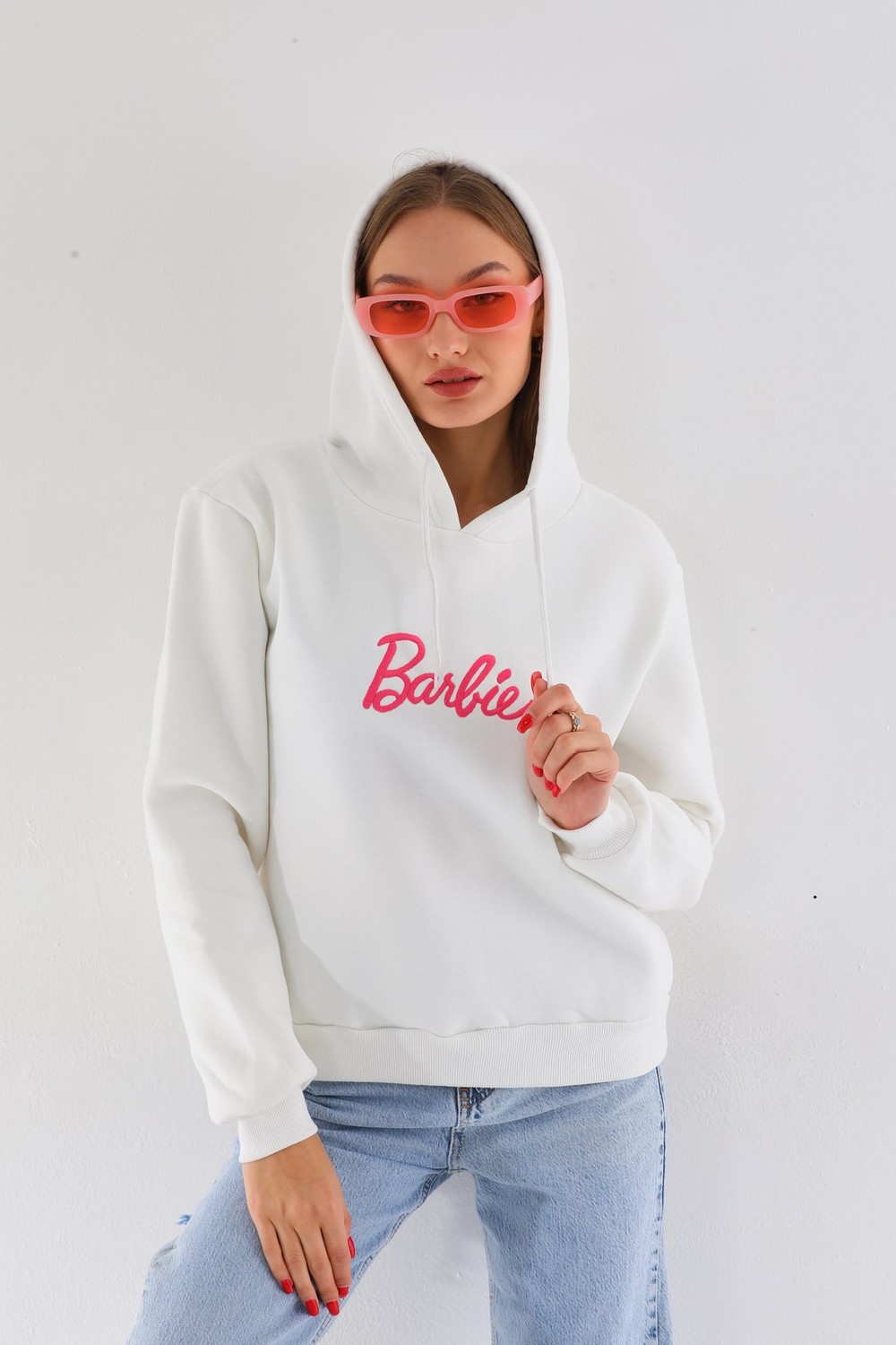 BİKELİFE Oversize Barbie Printed Hooded Thick Cotton Sweatshirt.