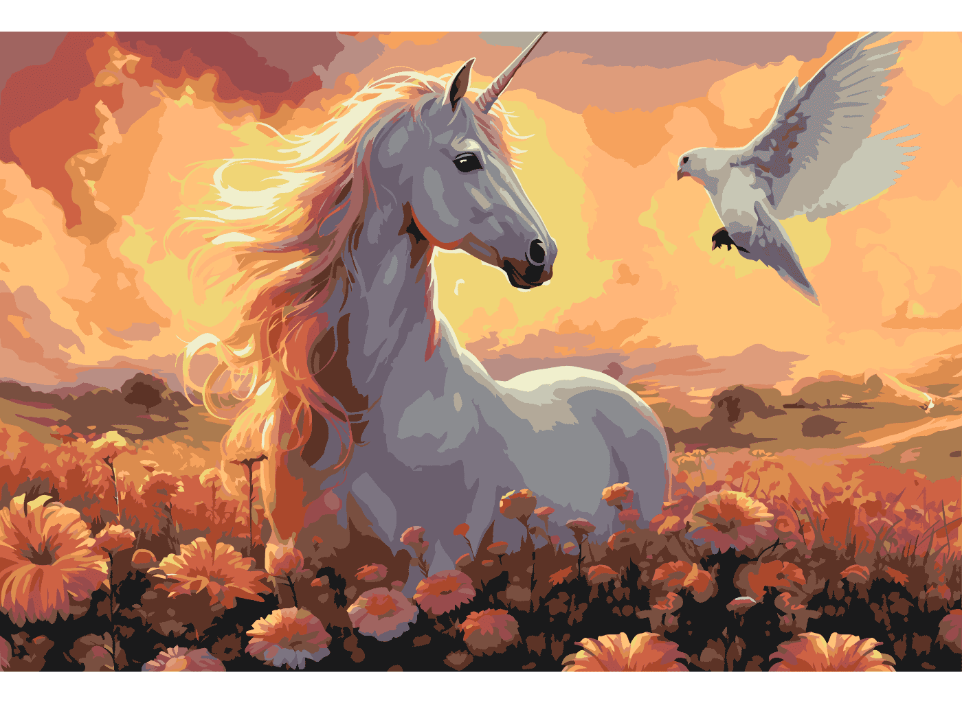 MALUJEŠ Malování podle čísel - AGNIESZKA MLECZEK - JEDNOROŽEC S HOLUBICÍ Rozměr: 40x60 cm, Rámování: bez rámu a bez vypnutí plátna