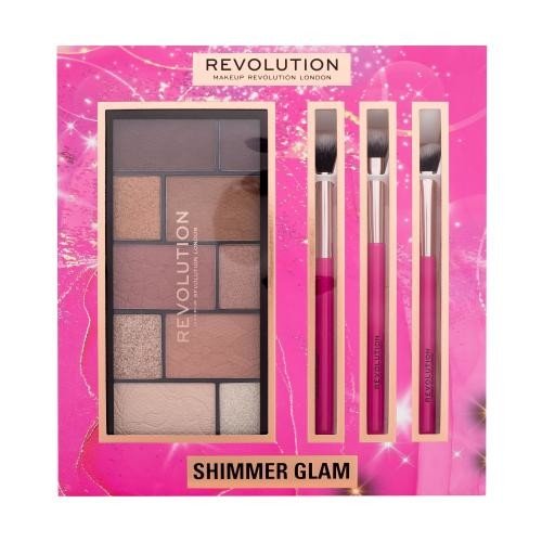 Makeup Revolution London Shimmer Glam Eye Gift Set dárková kazeta pro ženy paletka očních stínů Reloaded Dimension Eyeshadow Palette 27 g Neutral Charm+ kosmetický štětec na oční stíny 3 ks