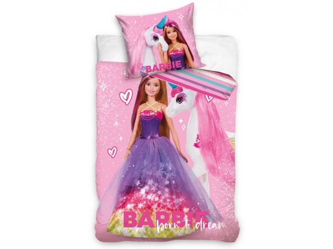 Carbotex Bavlněné povlečení 140x200 + 70x90 cm - Barbie princezna a jednorožec
