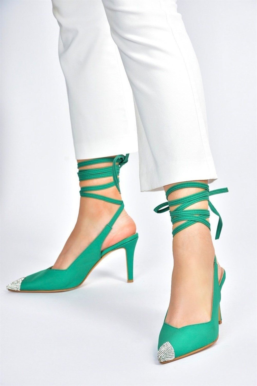 Fox Shoes Green Satin Fabric Pointed Toe Stone Detailed Heeled Shoes