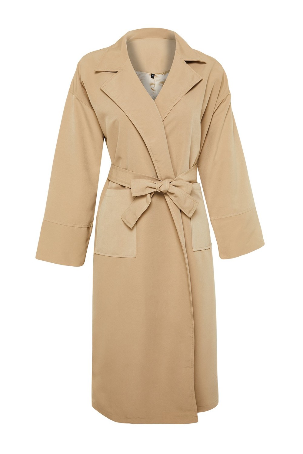Trendyol Beige Oversize Wide Cut Trench Coat with a Belt, Detailed Sleeves and Pockets, Water-repellent Long Trench Coat