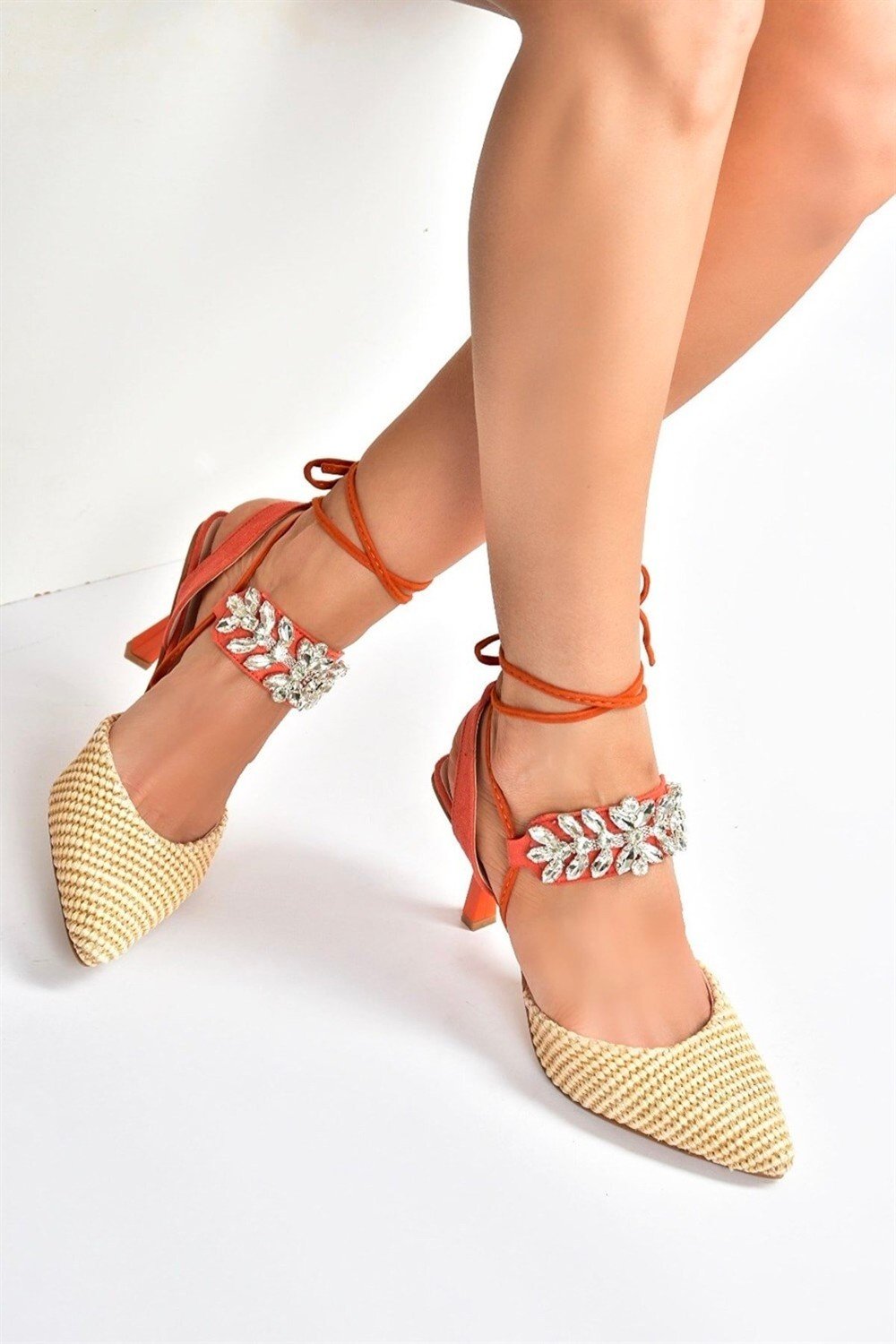 Fox Shoes Orange Straw Stone Detailed Women's Heeled Shoes