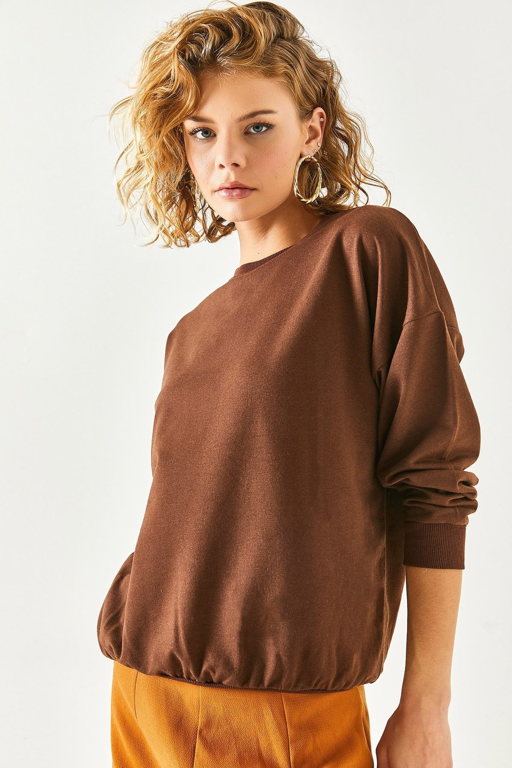 Olalook Women's Plain Dark Brown Basic Soft Textured Loose Sweatshirt