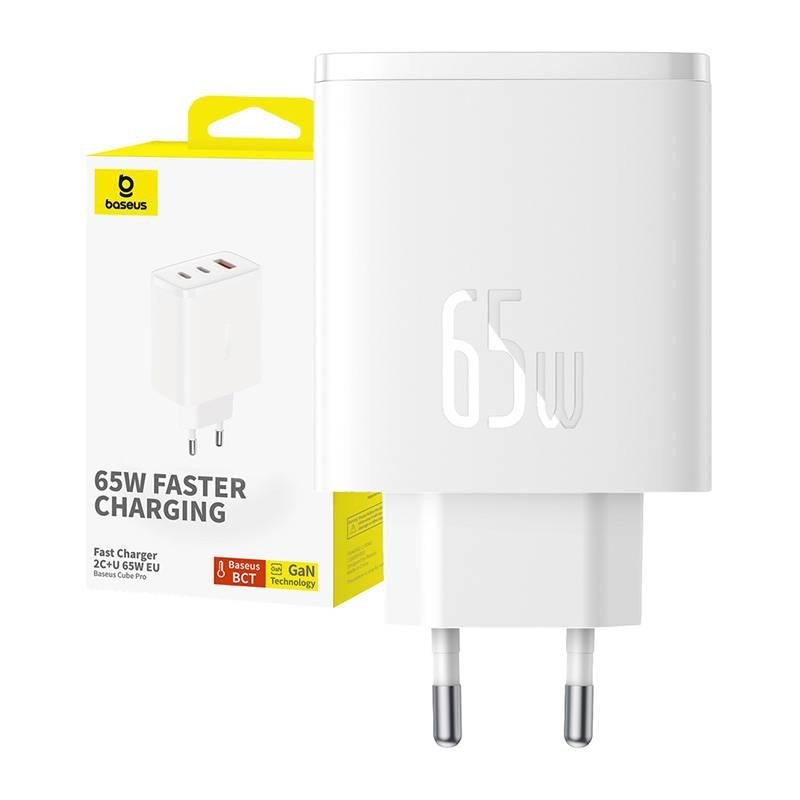 Baseus OS-Cube Pro 2xUSB-C + USB síťová nabíječka, 65W (bílá)