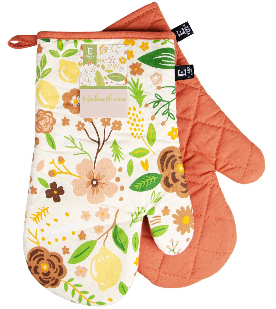 Kuchyňské bavlněné rukavice - chňapky FABULOUS FLOWERS hnědá 100% bavlna 19x30 cm Balení 2 kusy - levá a pravá rukavice.