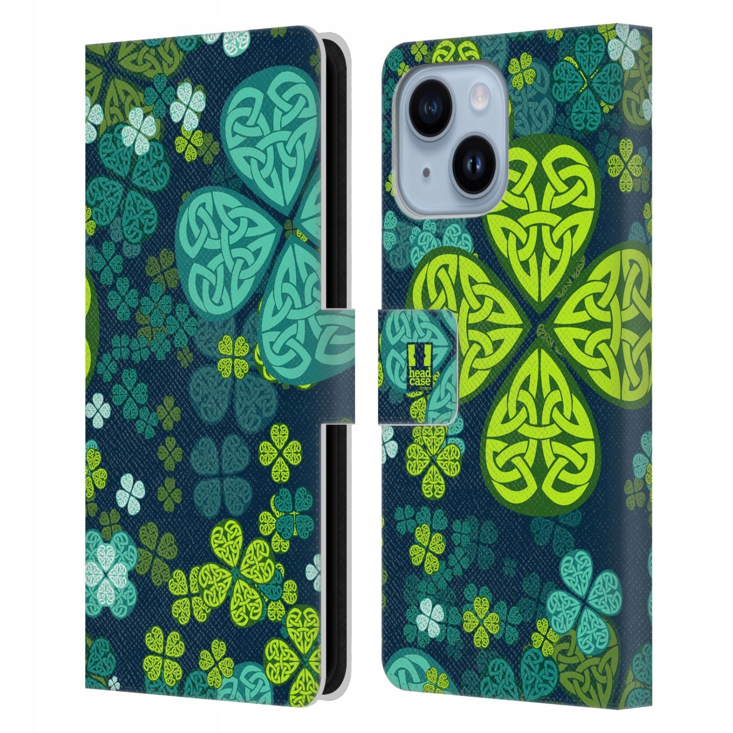 Pouzdro na mobil Apple Iphone 14 Plus čtyřlístek zářivě zelená keltský mot