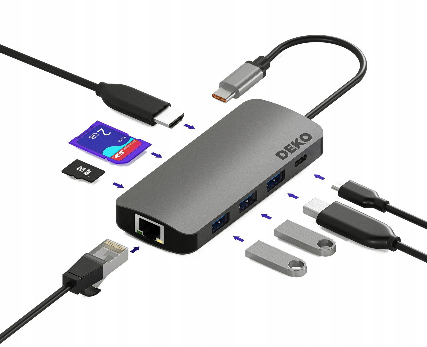 Deko Business Hub Usb C 8v1 Dokovací stanice 100W Hdmi 4K 60Hz 3xUSB Lan Sd