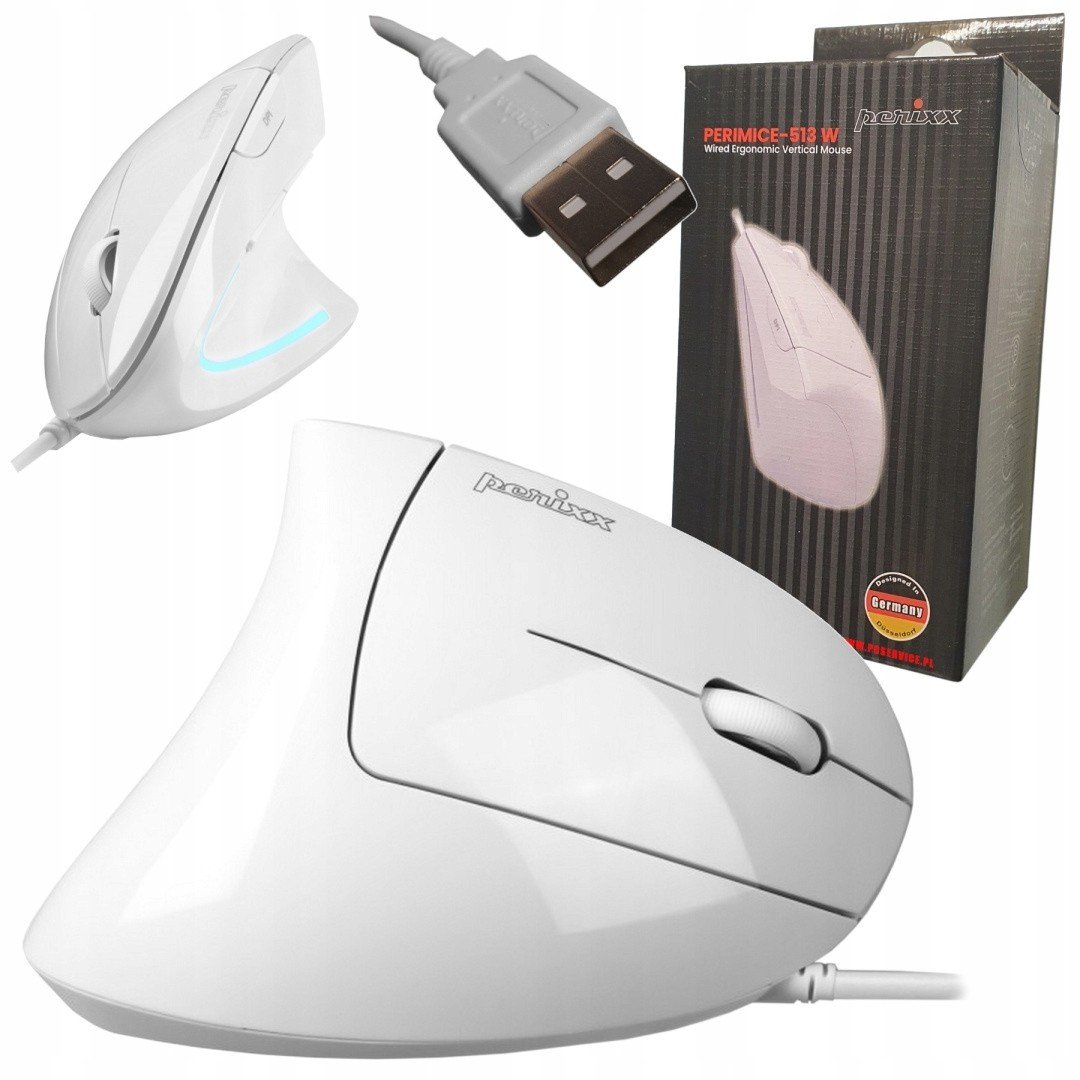 Myš vertikální bílá drátová ergonomická vertikální Perixx PERIMICE-513